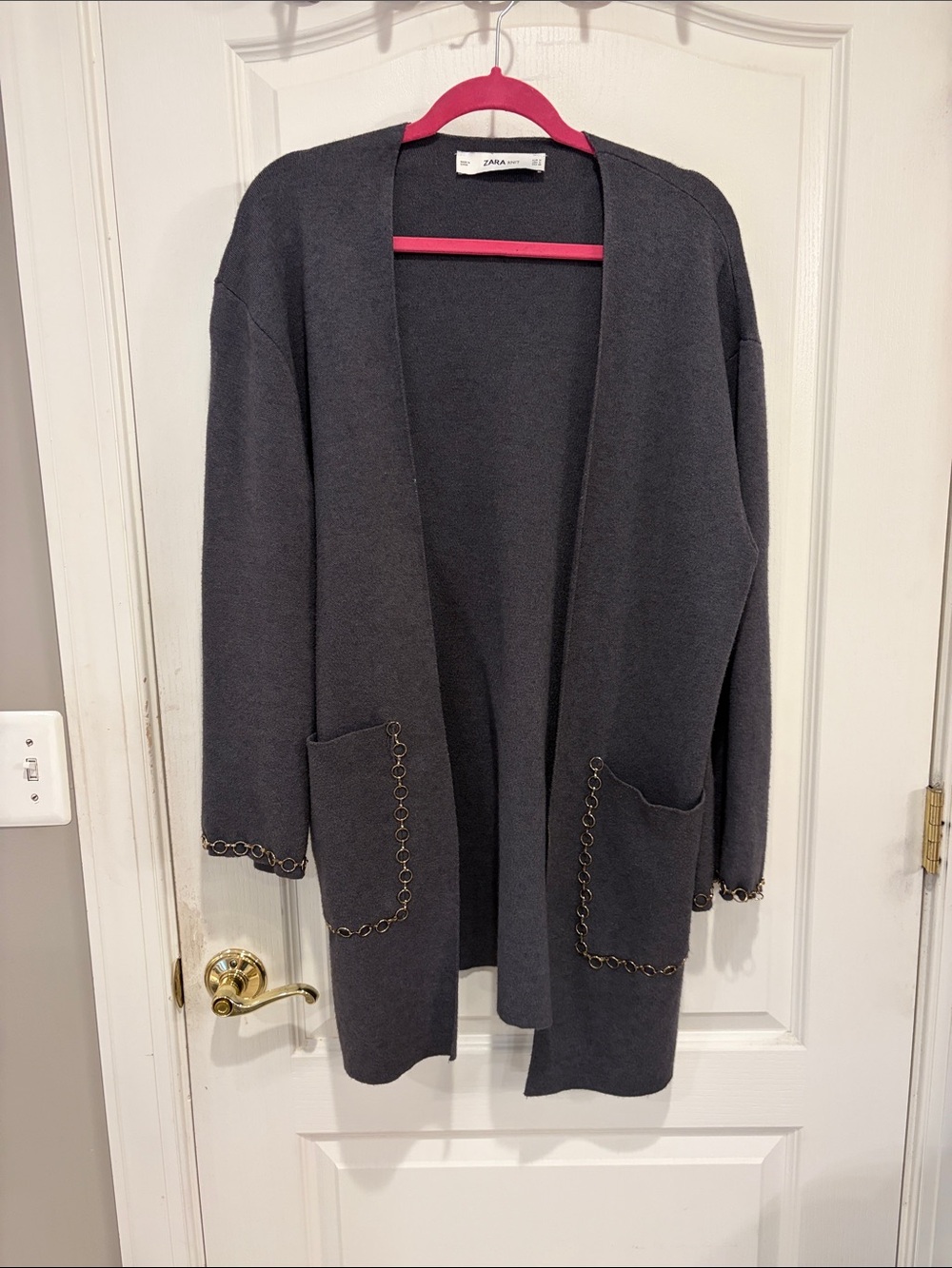 Zara Charcoal Open-Front Knit Cardigan with Chain Detail